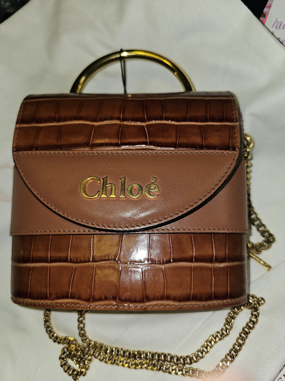 Chloe Brown Croc-Embossed Leather Crossbody Bag with Gold Chain